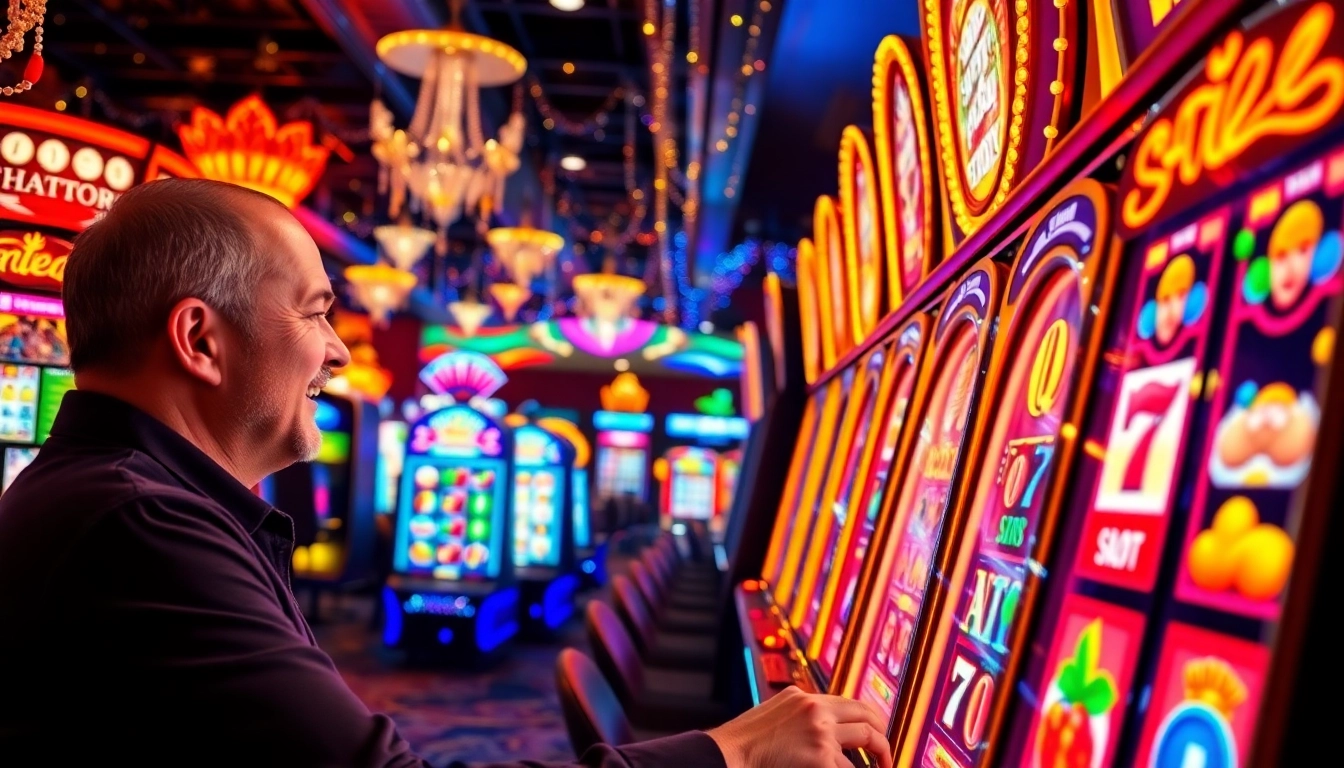 Mesin game slot berwarna-warni dengan pemain bersemangat di kasino