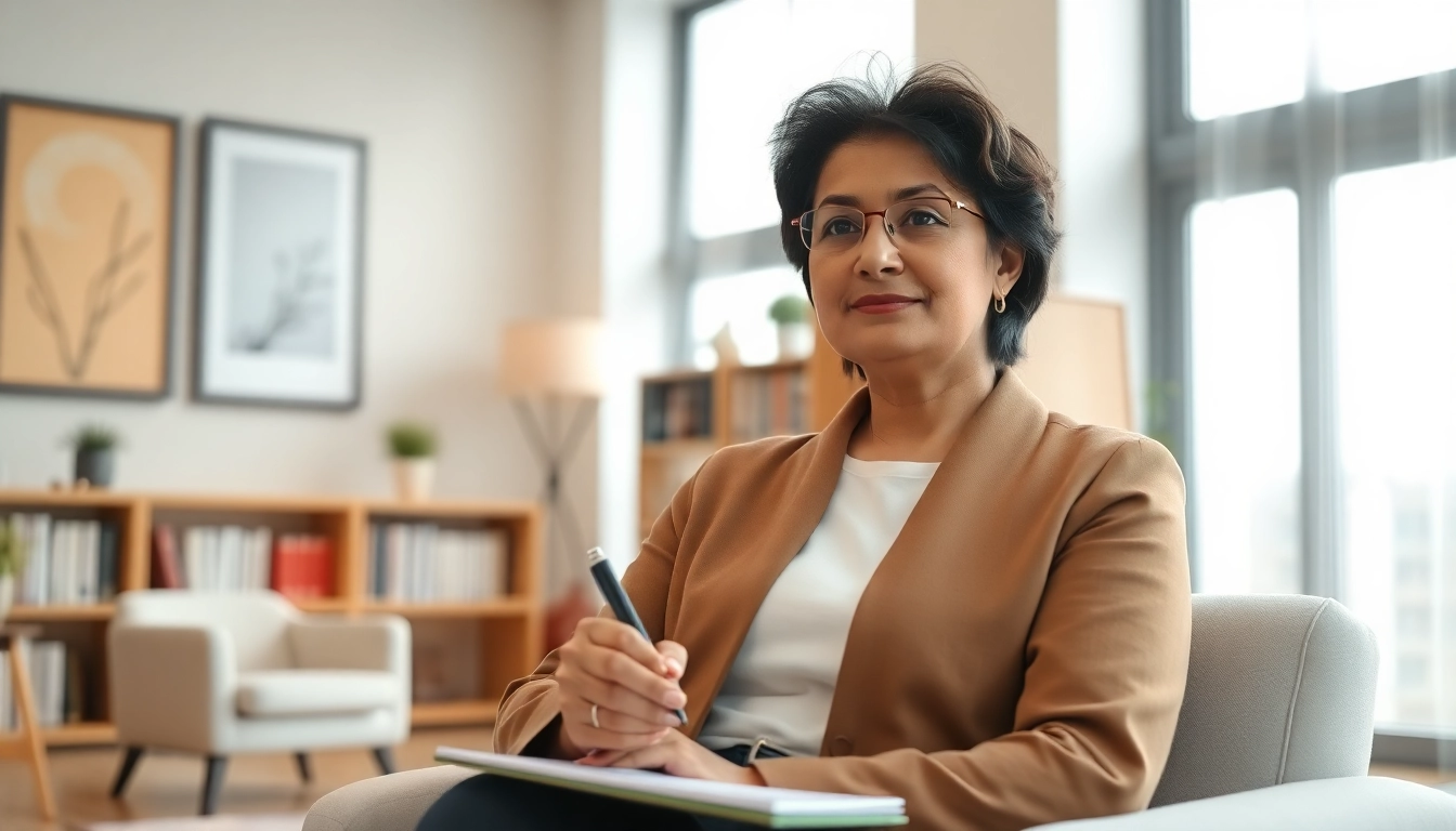 Understanding psychologist engaging thoughtfully in a session, conveying a warm and professional atmosphere.