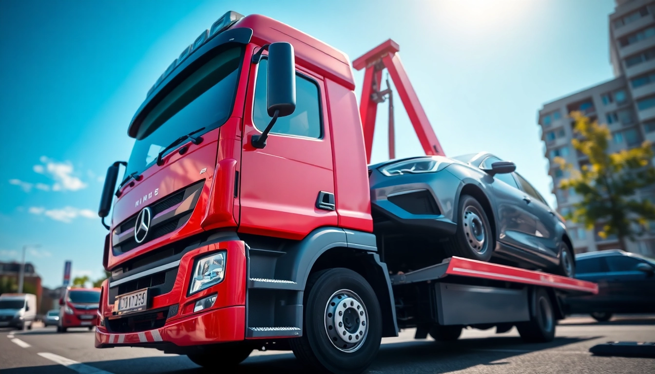 Autoholowanie Katowice w akcji z lawetą transportującą pojazd w centrum miasta