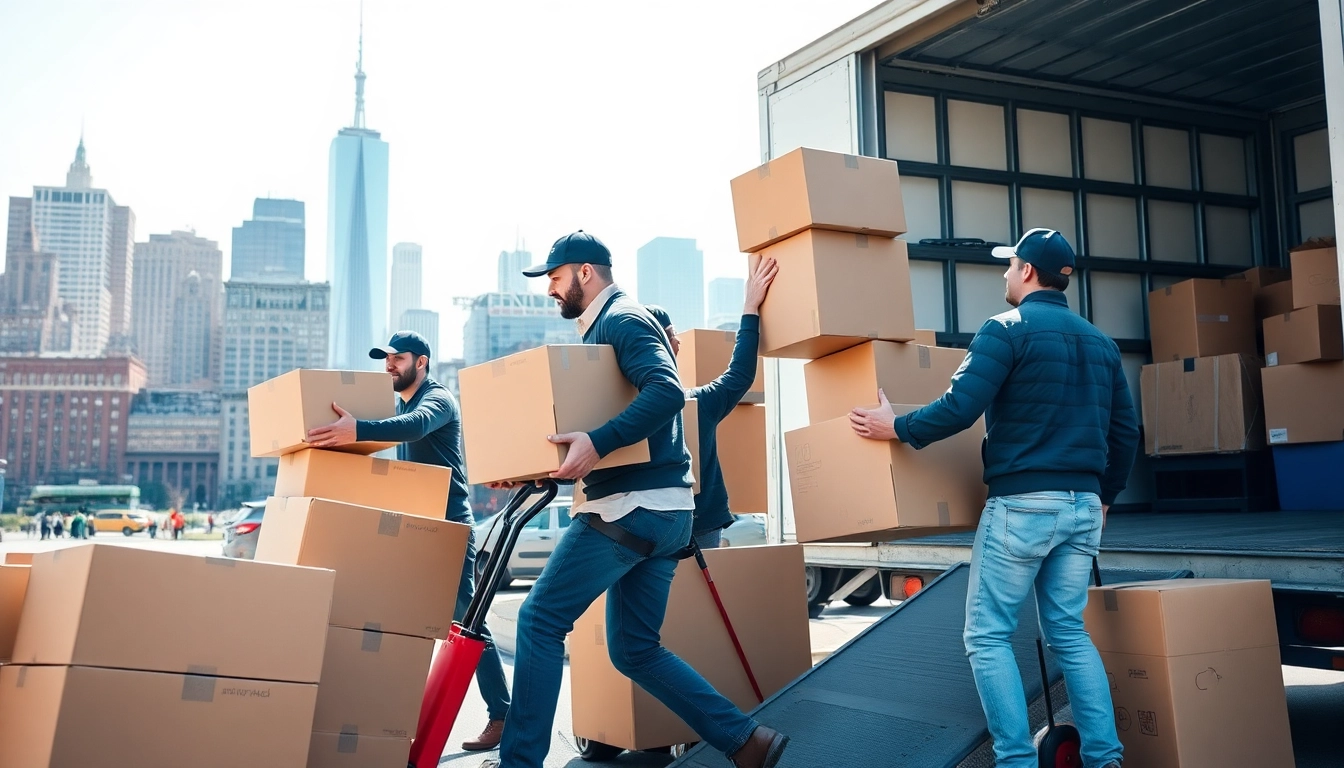 Skilled Manhattan movers efficiently loading boxes into a moving truck amidst the iconic NYC skyline.