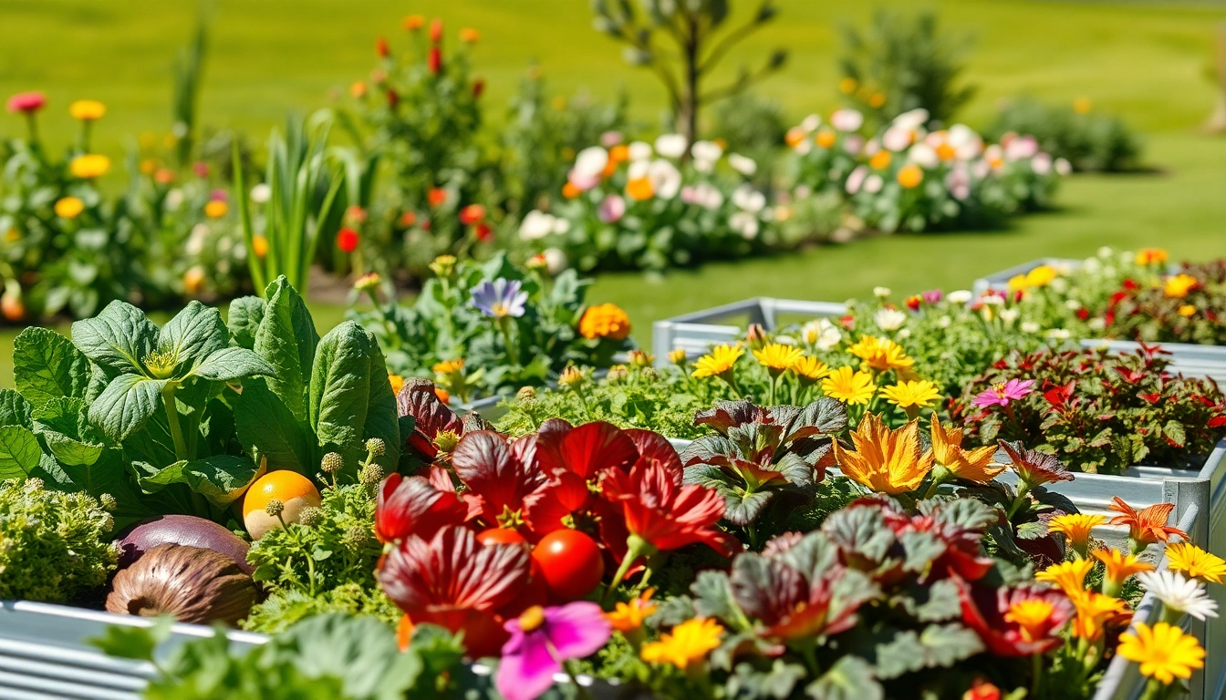 Showcasing landguard raised beds filled with lush plants in a vibrant garden setting.