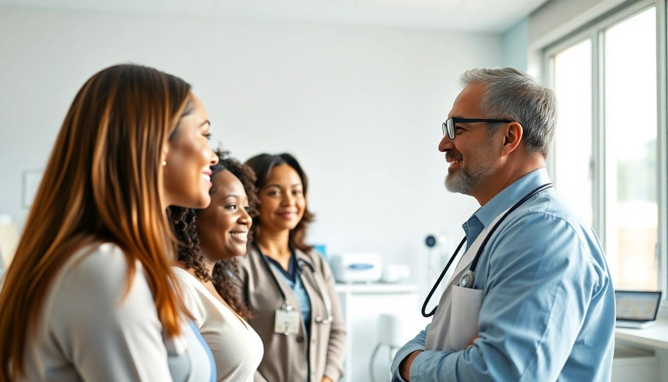 Engaged primary care physician las vegas consulting diverse patients in a modern clinic setting.
