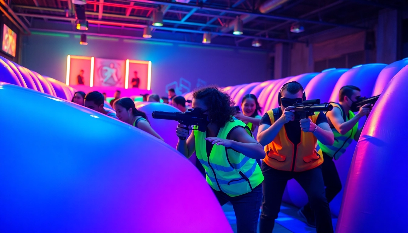 Participants engage in laser tag action, showcasing teamwork and excitement in vibrant arena settings.