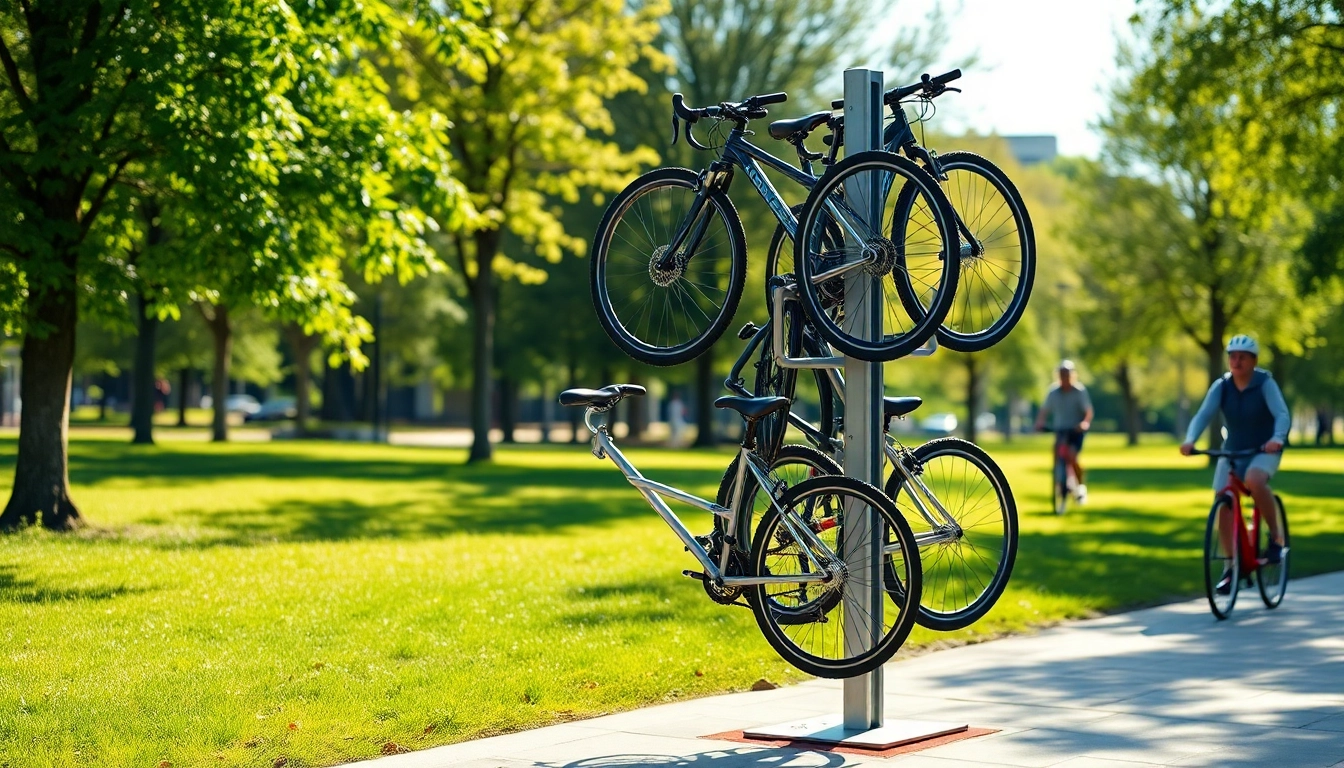 Utilizing a vertical bike rack to display bicycles securely in a sunny urban park.