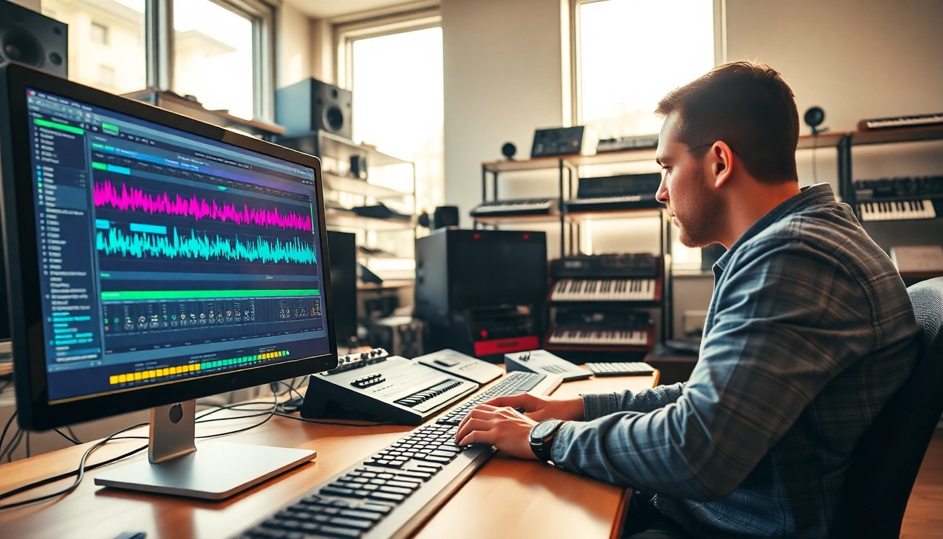 Creating stunning Drum and Bass presets in a modern studio environment with vibrant colors and natural lighting.