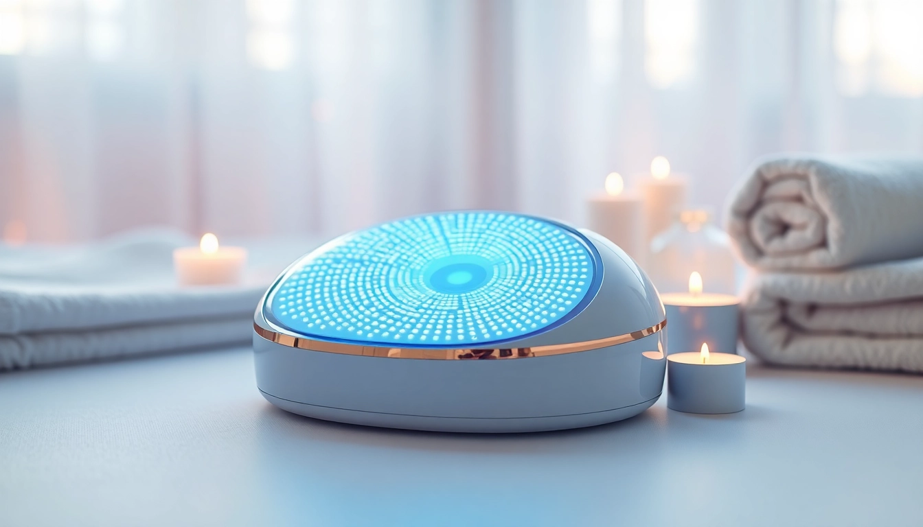 Administer quasar lighttherapy with a sleek, professional device in a calming spa-like environment.