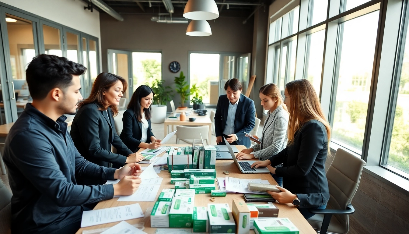 Engaged professionals discussing strategies for amazon wholesale in a modern office setting.