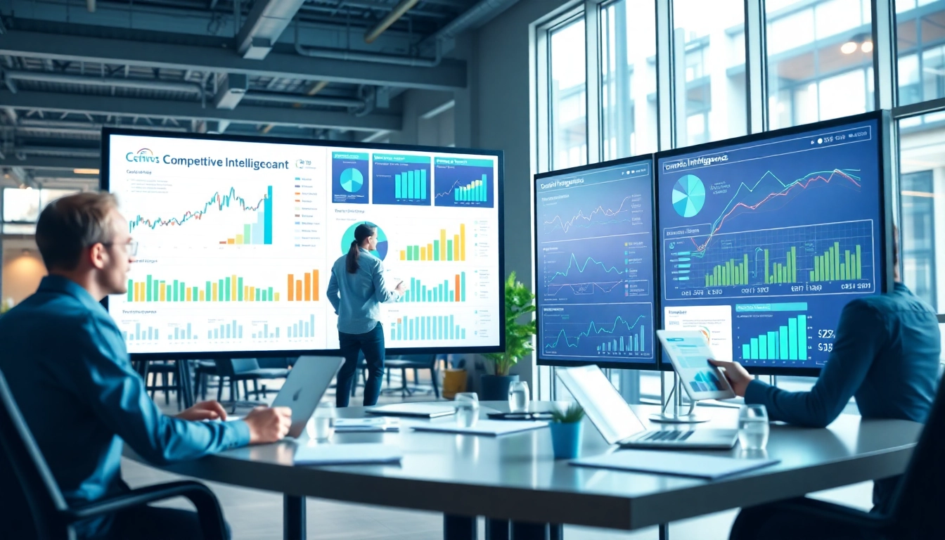 Analyze competitive intelligence strategies with professionals in a modern corporate setting.