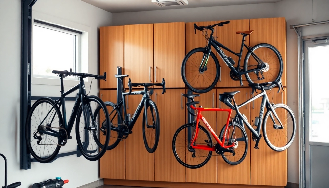 Organized wall-mounted bike storage setup showcasing bikes and racks efficiently in a garage.