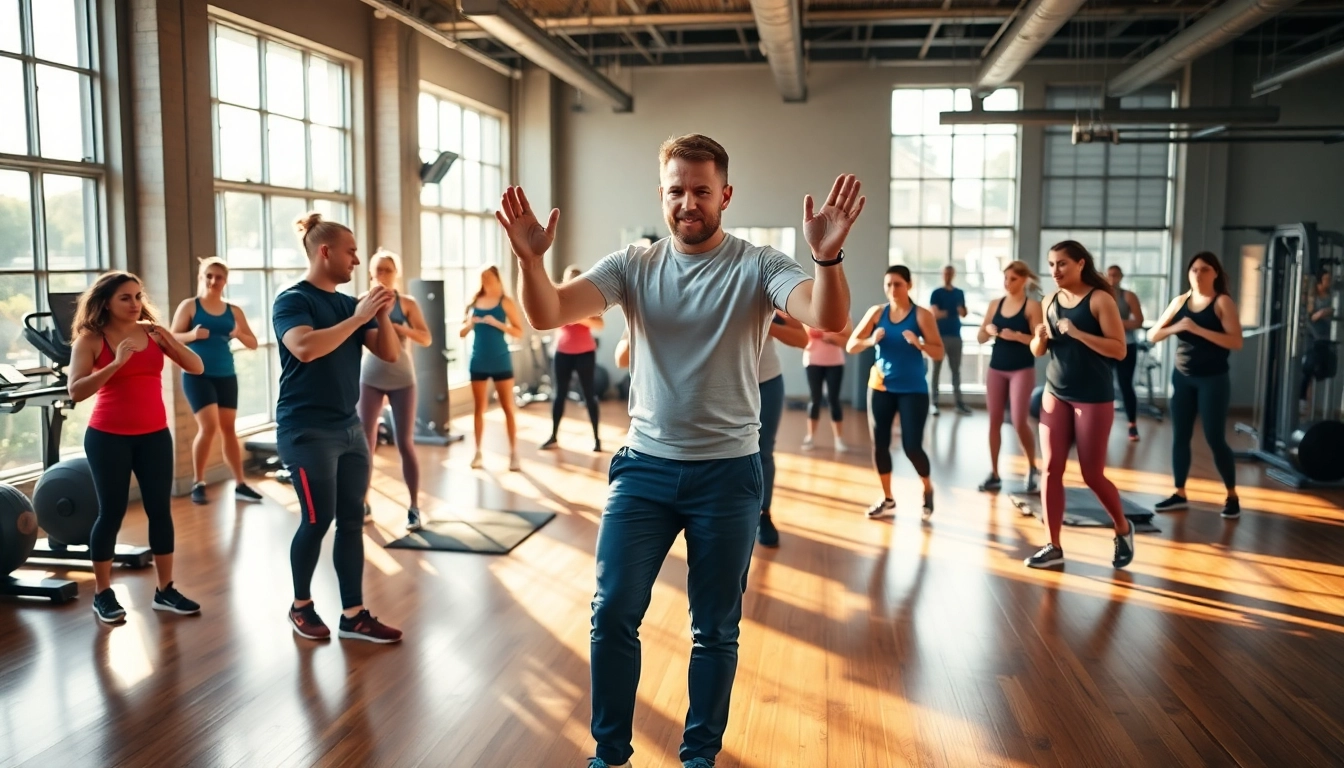 Fitness coach guiding a class at www.australianhealthandfitness.com.au in a vibrant gym environment.