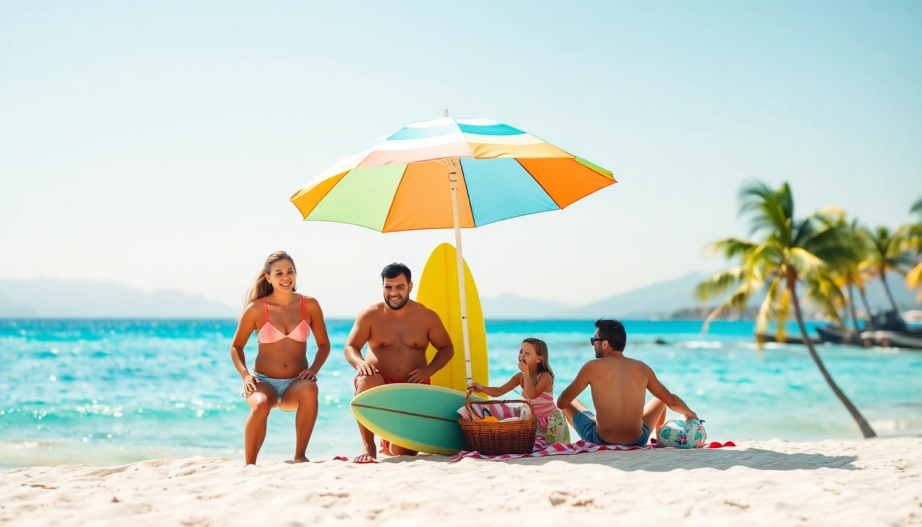 A family enjoying a joyful beach vacation, setting up a picnic under a colorful umbrella.