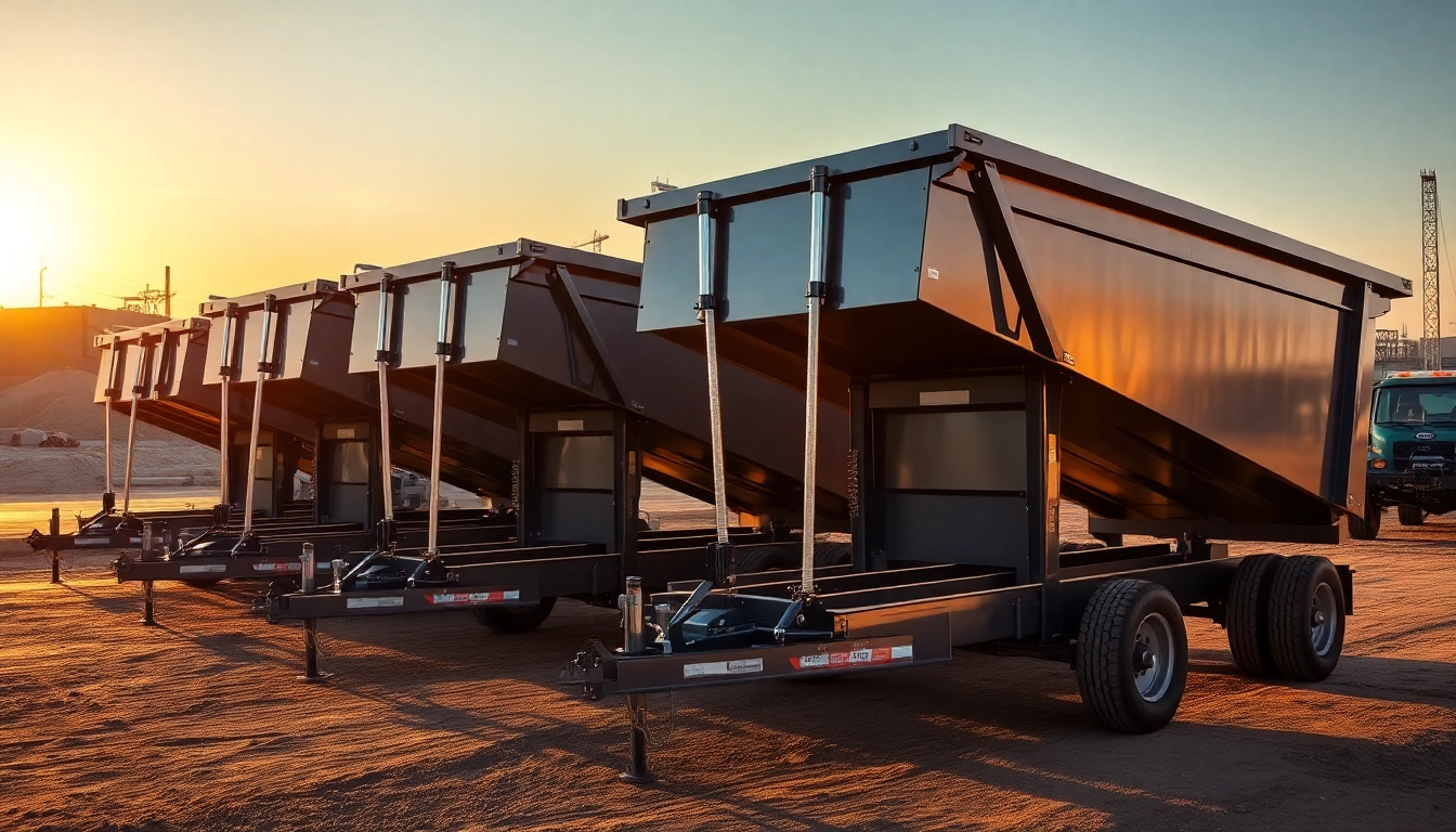 Hydraulic dump trailers for sale displayed in a construction yard showcasing their rugged features and lifts.