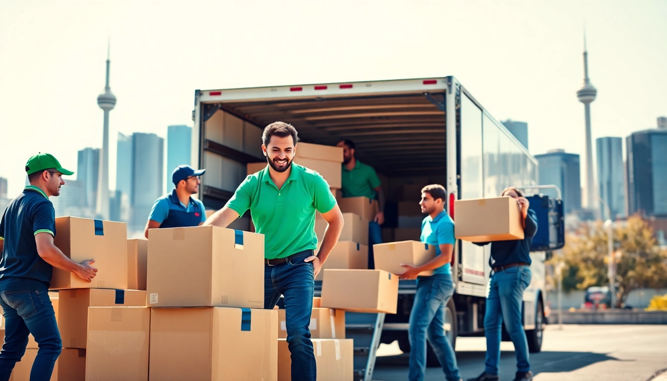 Efficient moving services in Toronto showcased by professional movers loading a truck with boxes, highlighting teamwork.