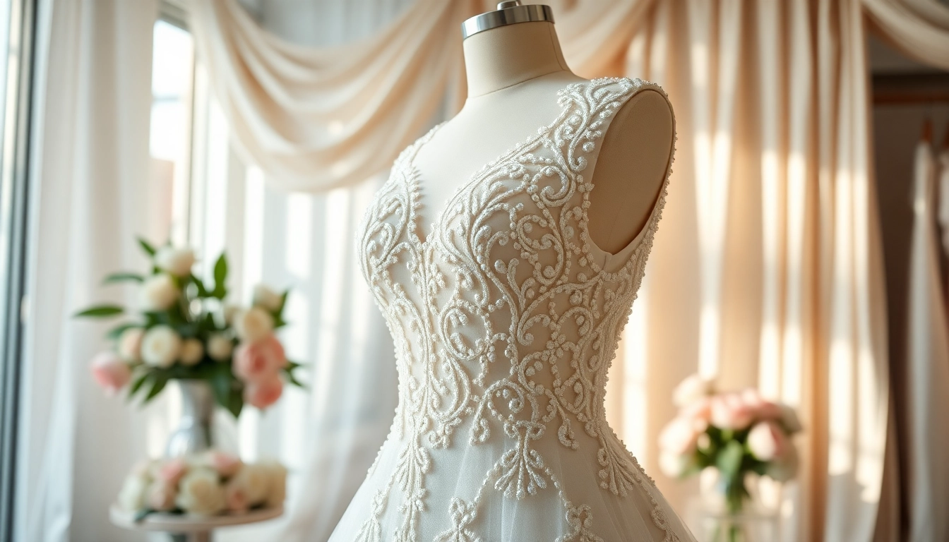 Admiring a gorgeous beaded wedding dress, showcasing intricate craftsmanship for brides-to-be.