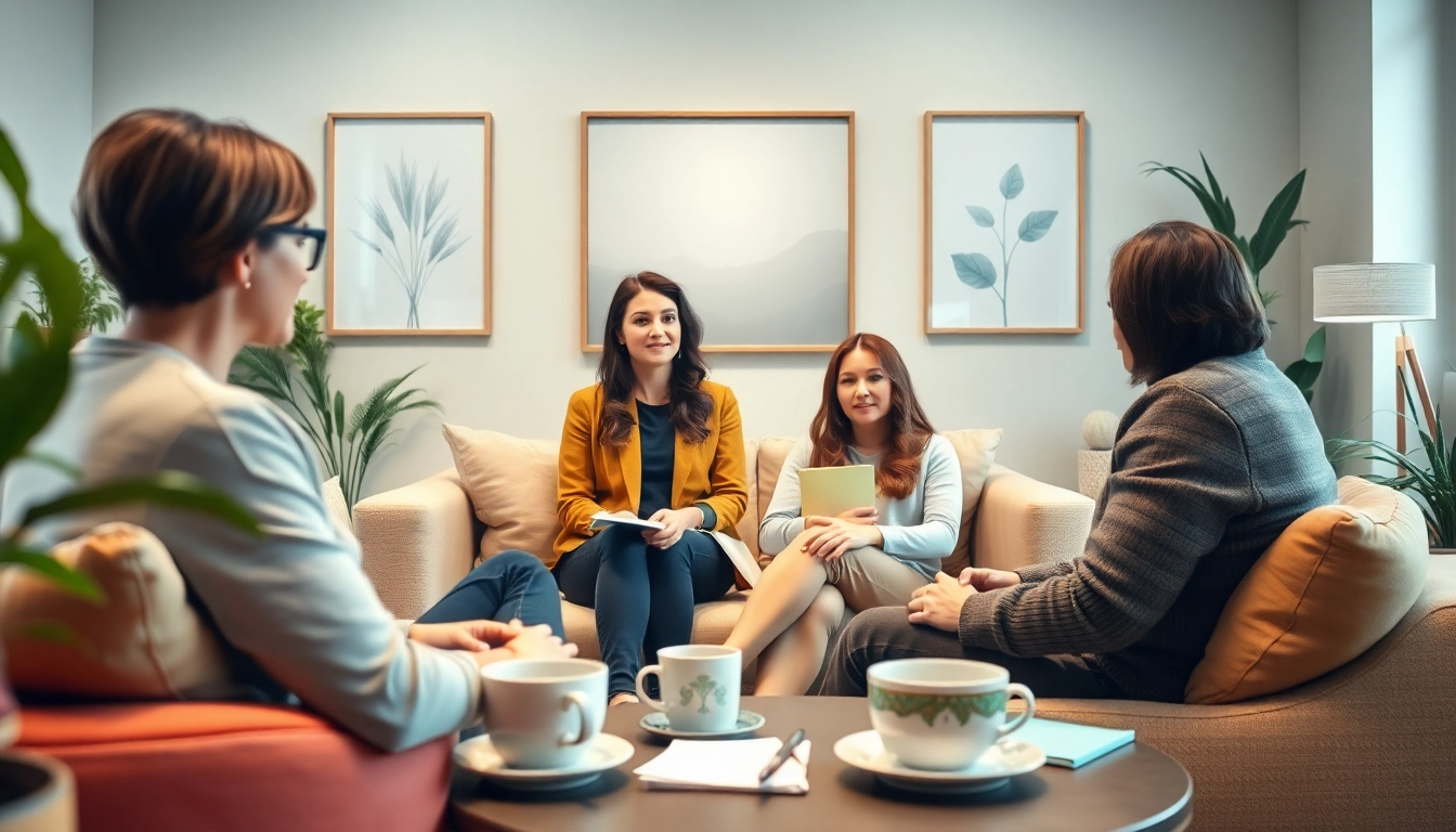Engaging relationship coach facilitating a session with clients in a warm office environment.