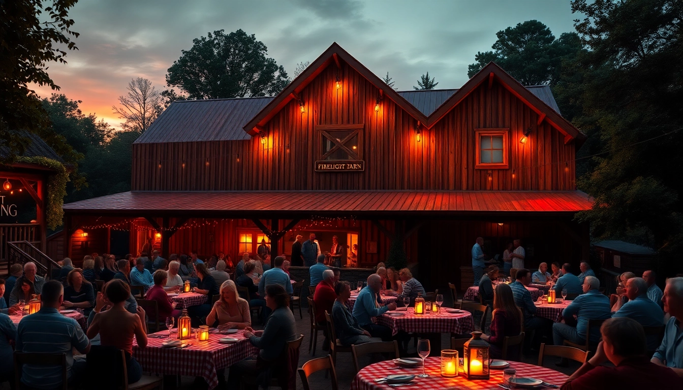 Captivating firelight barn photos showcasing an outdoor dinner theater ambiance with enjoying guests.