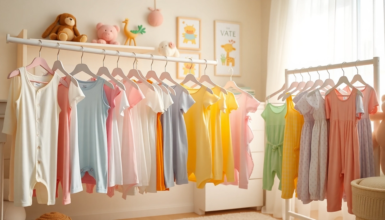 Showcasing a collection of stylish baby clothes in a cheerful nursery setting.
