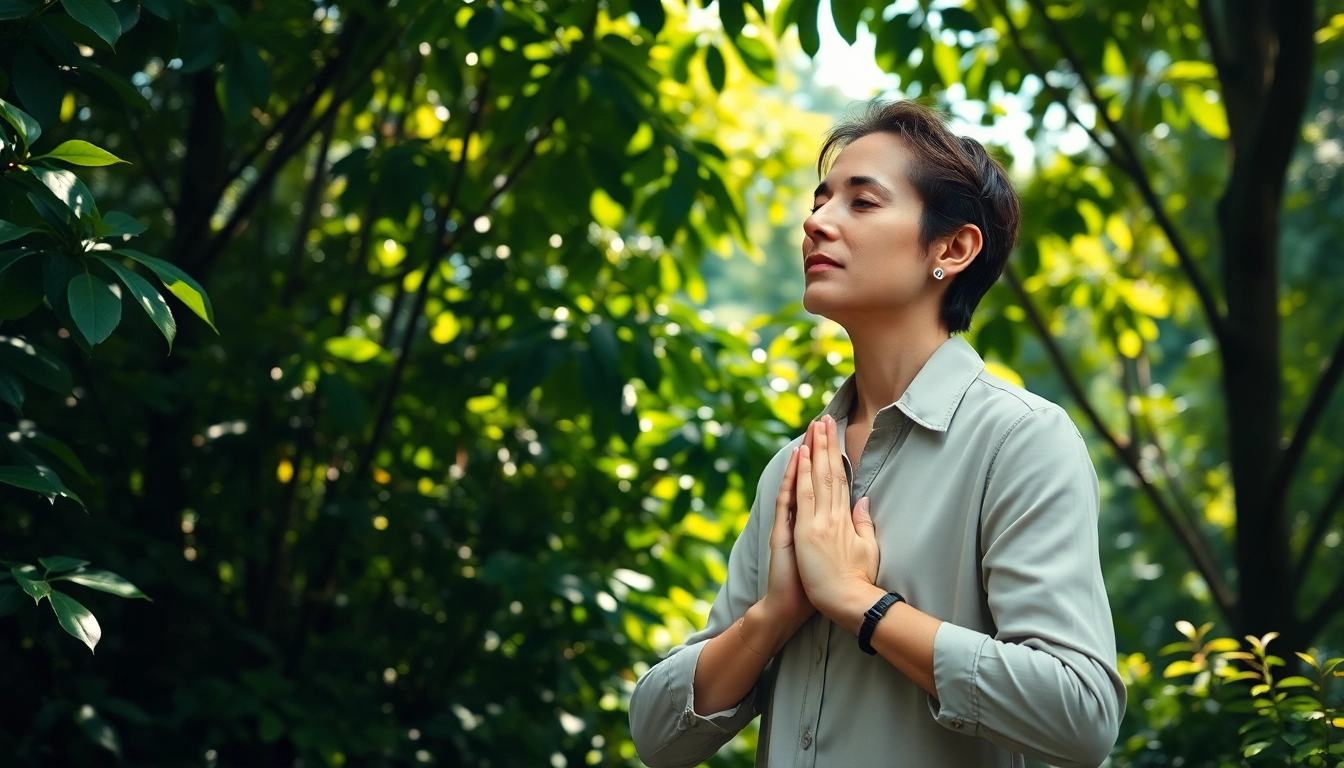 Practicing deep breathing techniques for dealing with stress in a peaceful outdoor setting.