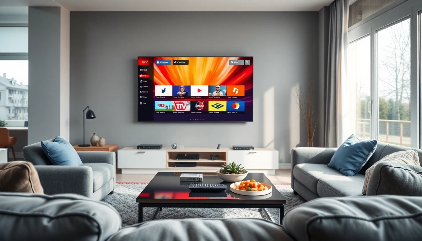 Compra IPTV con un elegante televisor inteligente en una moderna sala de estar.