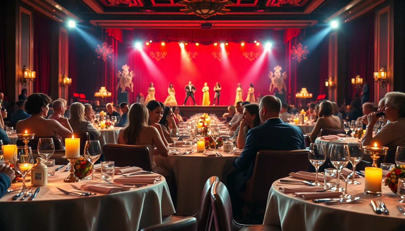 Guests savoring exquisite meals at Las Vegas dinner shows with vibrant performances.