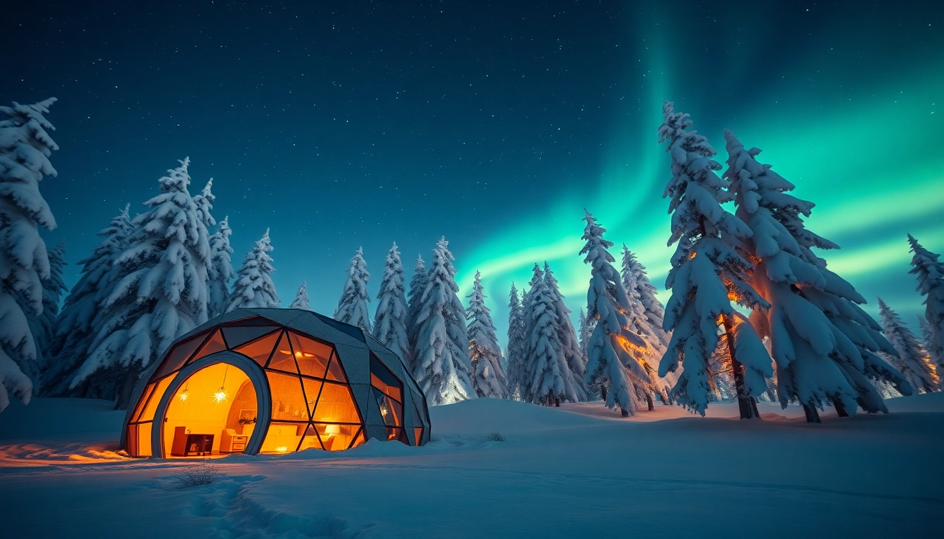Romantic glass igloo hotel finland under the Northern Lights in a snowy landscape.