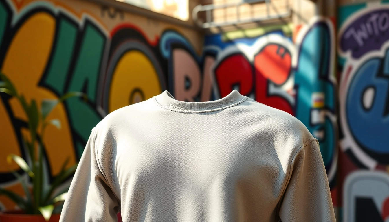 Promote stylish blank crewneck sweatshirt with soft fabric and vibrant street art backdrop.