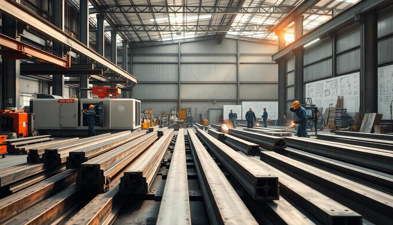 Showcasing structural steel fabrication work in a busy fabrication shop environment.