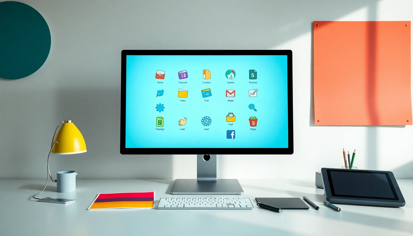 Showcase of diverse Icons on a modern workspace with design tools.