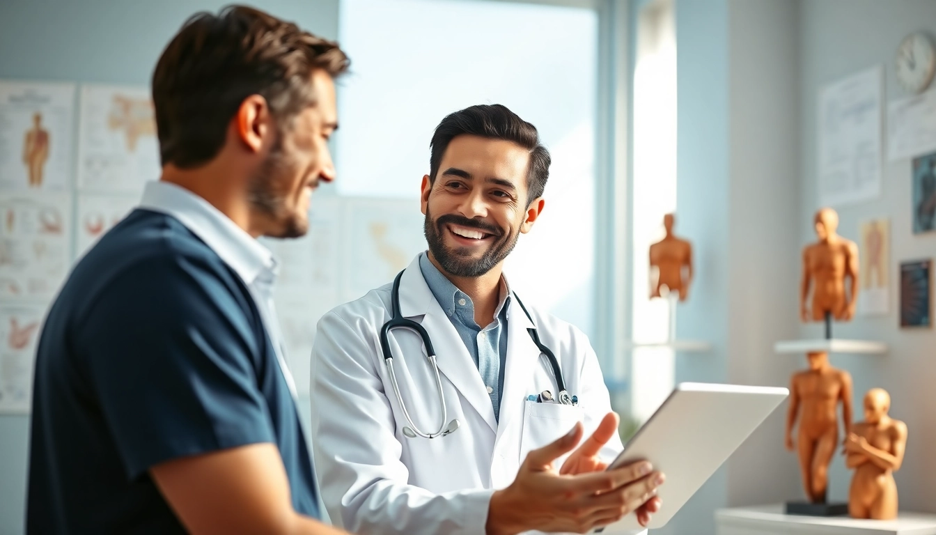 Dr. Ryon Parker MD consults warmly with a patient in a light-filled medical office.